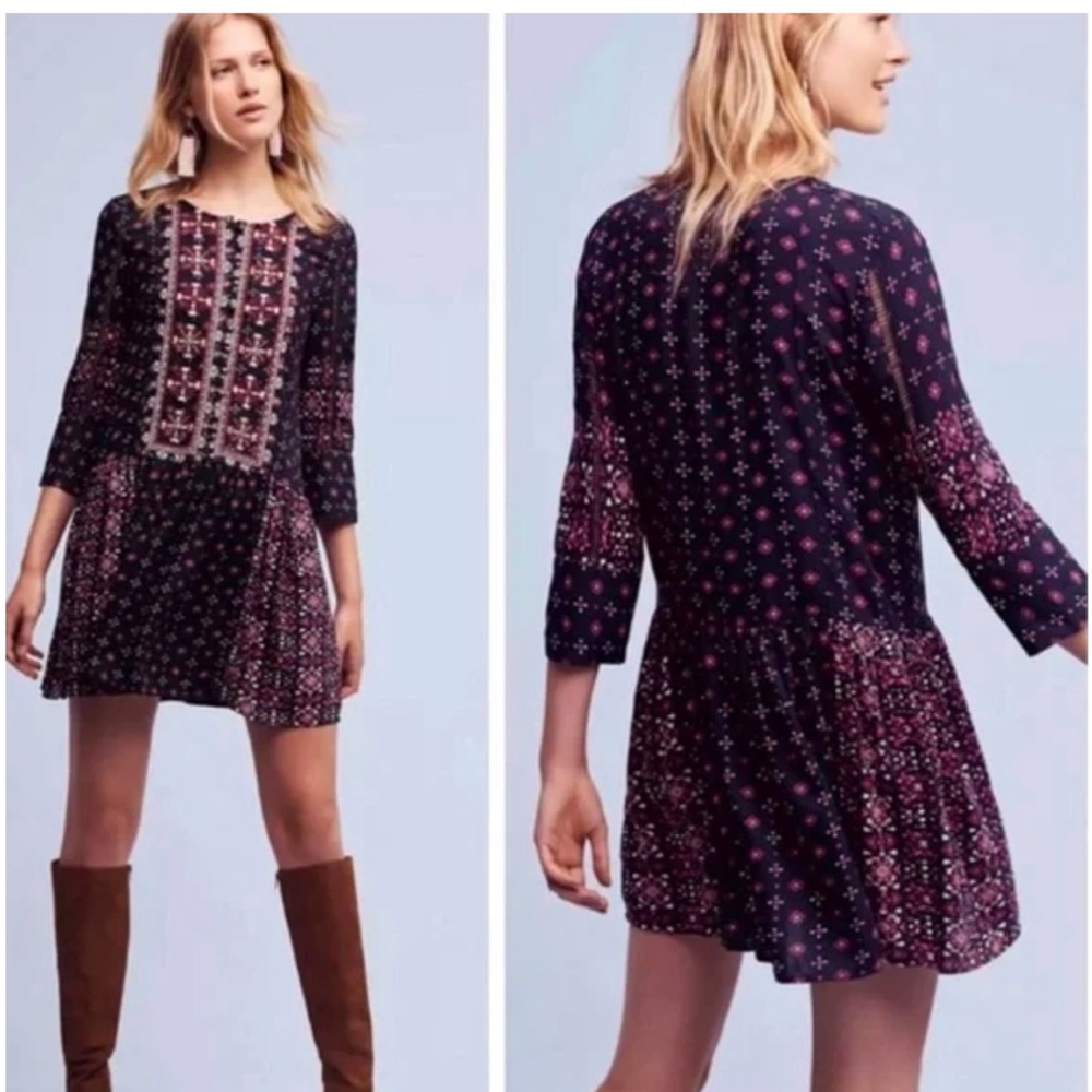 Anthropologie Vanessa Virginia Kaleidoscope Bohemian Mini 3/4 Sleeve Embroidery
